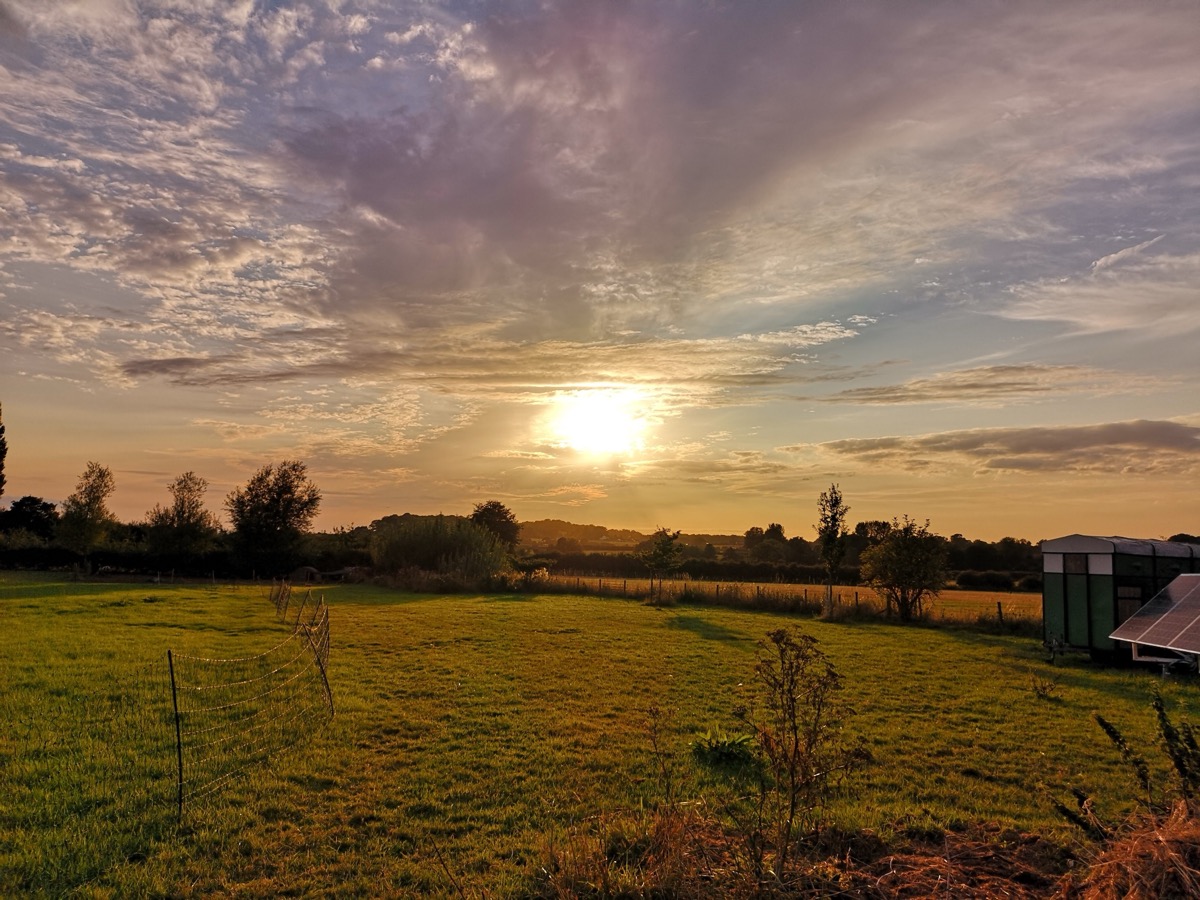 Golden sunset over the Meadow Cottage CL pitches